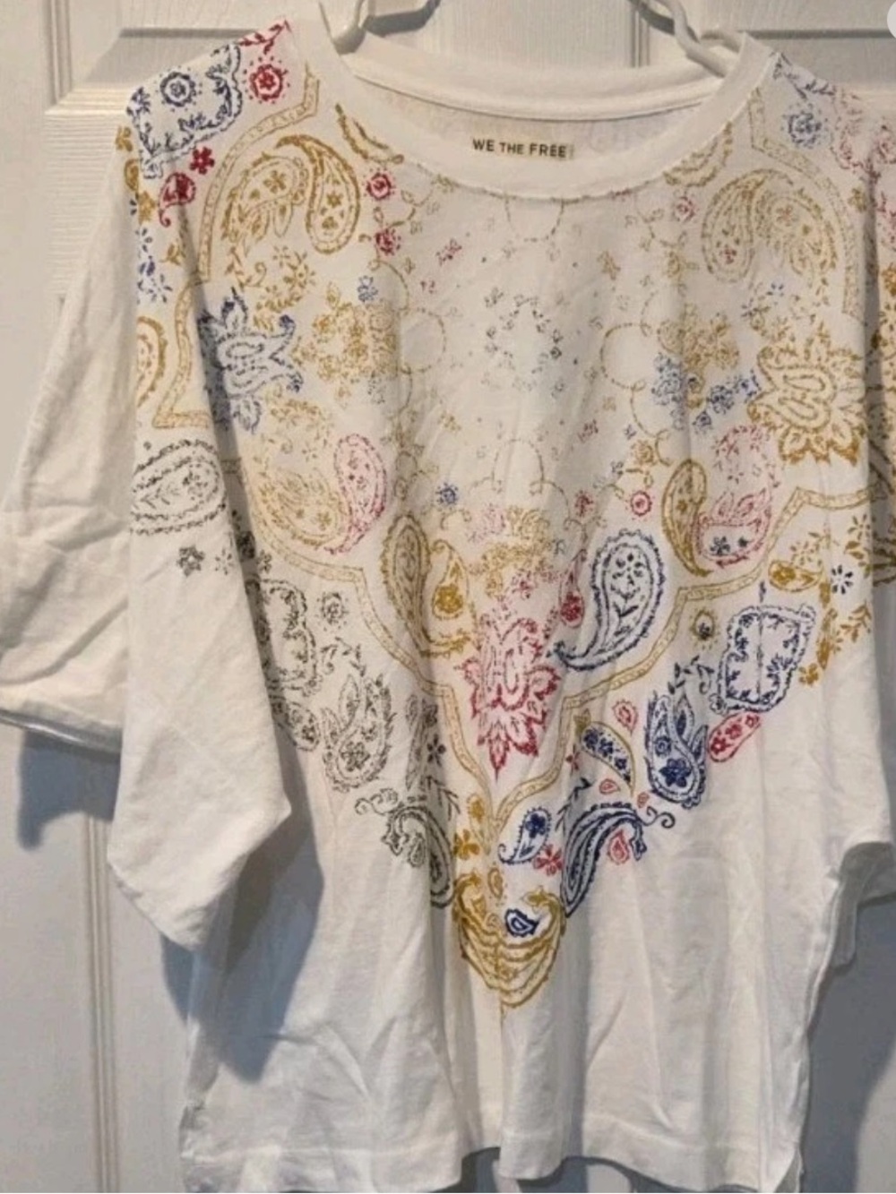 Free People White Short Sleeve Top with Multicolor Paisley Print
